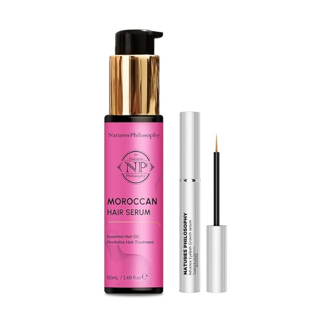 NP NATURES PHILOSOPHY Moroccan Argan Oil & Eyelash Growth Serum Set, Peptide-Infused Lash Serum Prostaglandin-Free, Deep Nourishment Anti-Frizz Shine Hair Product, Aussie Hair Care for All Hair Types