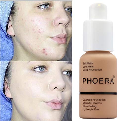PHOERA Foundation,Flawless Soft Matte Oil Control Best Cover up Full Coverage Liquid Foundation .(107# Hone)