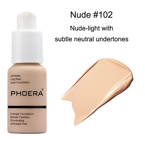BestLand 5PCS Liquid PHOERA Foundation Set Matte Liquid Full Coverage Oil Control Breathable Invisible Cover Concealer with Face Primer, Foundation Brush, Makeup Sponge (102 Nude)