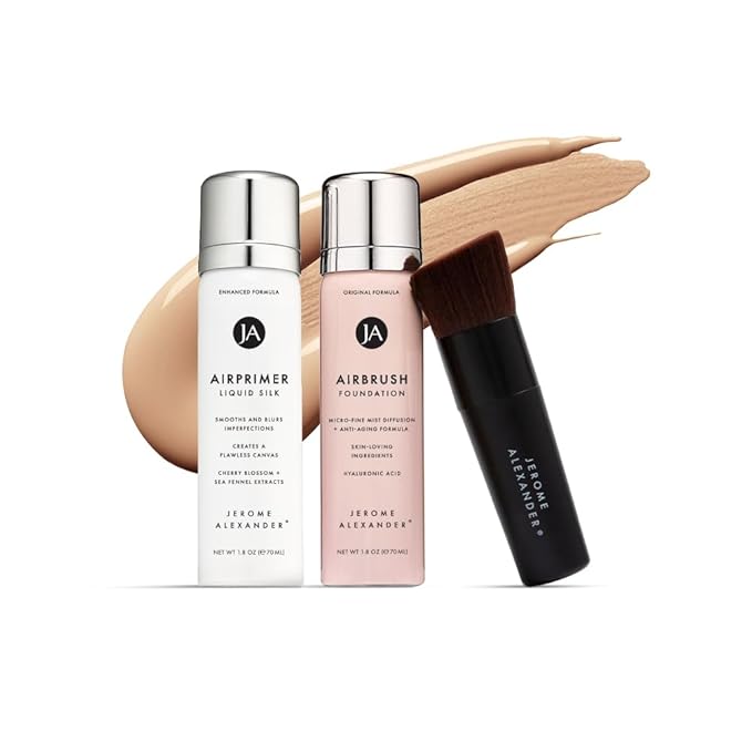 MagicMinerals AirBrush Foundation Set by Jerome Alexander – 3pc Set Includes Primer, Foundation and Kabuki Brush - Spray Makeup with Anti-aging Ingredients for Smooth Radiant Skin (Medium Dark)