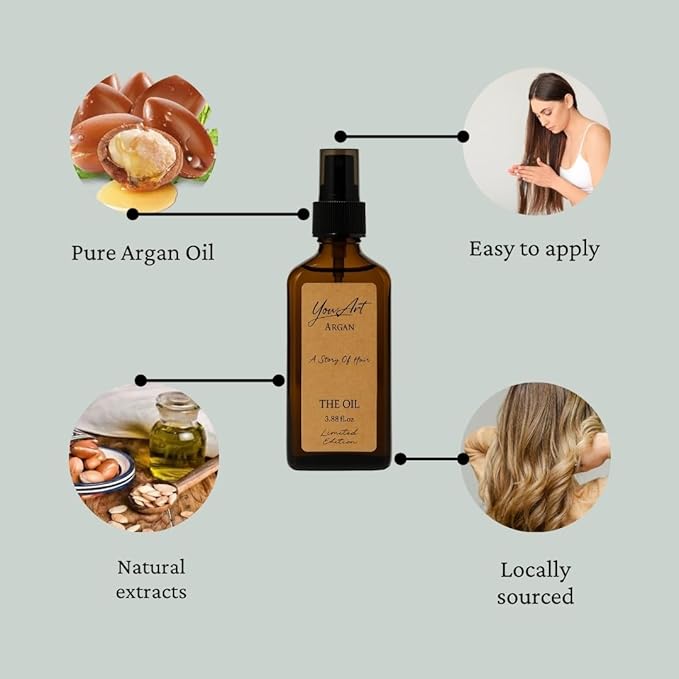 YouArt Organic Argan Hair Oil, Limited Edition, 3.88 fl.oz, Nourishing Treatment for Dry Hair