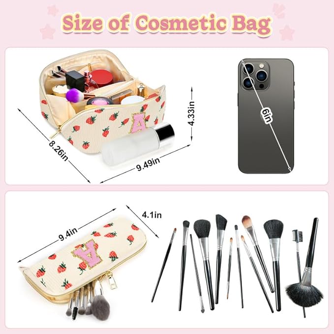 Personalized Travel Makeup Bag Set,Initial Travel Strawberry Makeup Organizer Bag,Toiletry Skincare Cosmetic Bag,Christmas Gifts for Women/Girls,Open Flat Toiletry Pouch with Brush Pocket-L