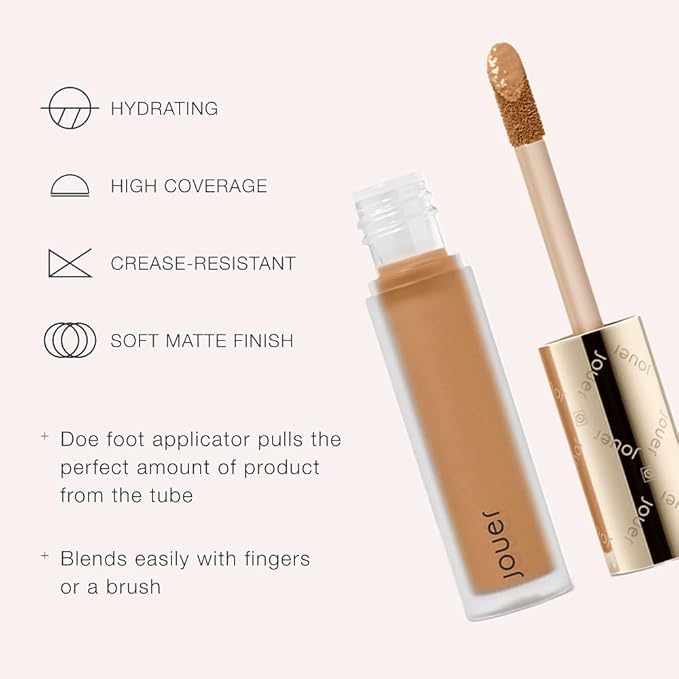 Jouer Essential High Coverage Liquid Concealer - Brightening Concealer - Color Corrector for Under Eye Dark Circles, Spot Coverage, and Eye Primer - Soft Matte Finish, Ginger