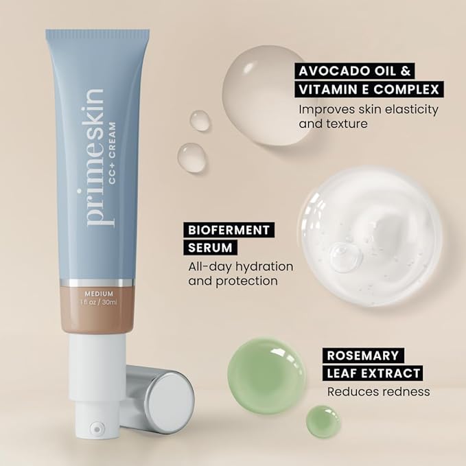 Prime Prometics PrimeSkin CC+ Cream for Mature Women – Liquid-to-Powder Foundation – Blurs Pores & Covers Age Spots – Crease-Free, Hydrating & Soft-Matte Finish for Sensitive Skin (Golden Medium)