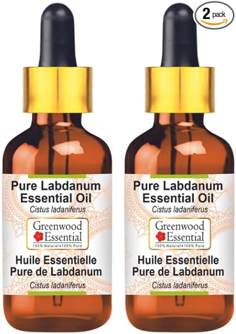 Greenwood Essential Pure Labdanum Essential Oil (Cistus ladaniferus) with Two Glass Droppers Steam Distilled (Pack of Two) 30ml X 2 (2 oz)