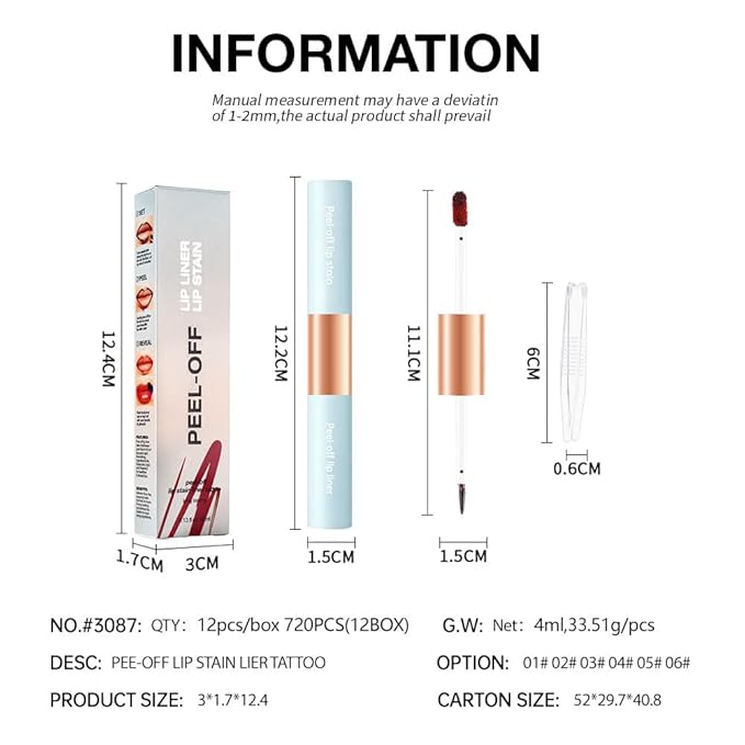Matte Lip Stain Peel Off Lip Gloss& Lip Liner 2-in-1: One end defines lips with precision liner, the other peels off to reveal long-lasting, waterproof, smudge-proof, transfer-proof matte color.4#