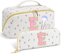 Personalized Travel Makeup Bag Set,Initial Travel Cute Cherry Makeup Organizer Bag,Toiletry Skincare Cosmetic Bag,Christmas Gifts for Women/Girls,Open Flat Toiletry Pouch with Brush Pocket-E
