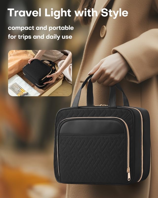 HOTOR Travel Toiletry Bag for Women & Men, Waterproof Makeup Bag with Hanging Hook and Multiple Pockets, Cosmetic Bags for Women, Travel Essentials, 12.6'' x 4.3'' x 9.9'', Black