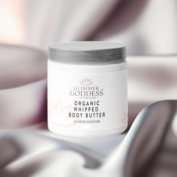 Glimmer Goddess Organic Whipped Body Butter for Women - Moisturizer Cream with Shea & Cocoa Butter, Almonds & Coconut Oil - Lavender, 8oz