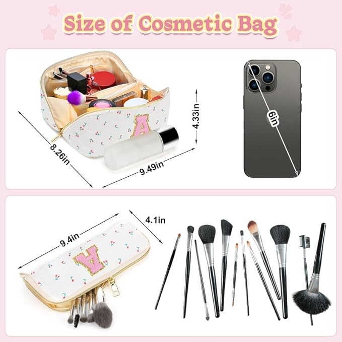 Personalized Travel Makeup Bag Set,Initial Travel Cute Cherry Makeup Organizer Bag,Toiletry Skincare Cosmetic Bag,Christmas Gifts for Women/Girls,Open Flat Toiletry Pouch with Brush Pocket-H