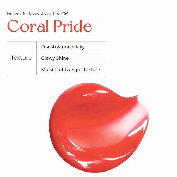 Peripera Ink Mood Glowy Tint, Korean Lip Tint, Naturally Moisturizing, Lightweight, Glow-Boosting, Long-Lasting, Comfortable, Non-Sticky, Mask Friendly, No White Film, K Beauty (024 CORAL PRIDE)