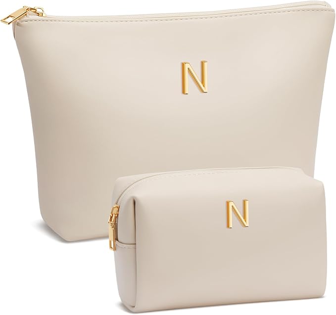 Women Gifts | Initial Makeup Bag Set for Girl Personalized Gifts for Bridesmaid Friend Graduation Teachers PU Leather Cosmetic Travel Toiletry Bag(Beige,N)