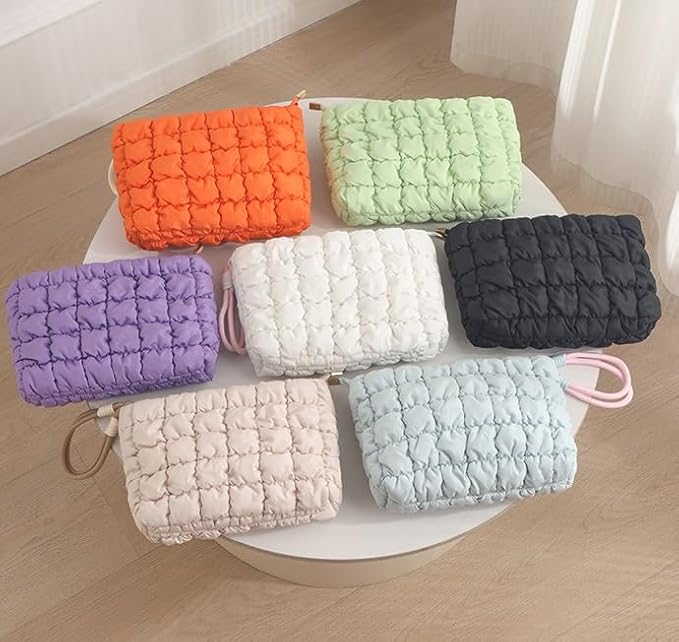 DOB SECHS Puffer Quilted Makeup Bag with Handle, Cute Puffy Cotton Cosmetic Bags for Women, Small Checkered Toiletry Zipper Pouch, Travel Essentials Storage Organizer Clutch Pouches Pencil Case, Khaki