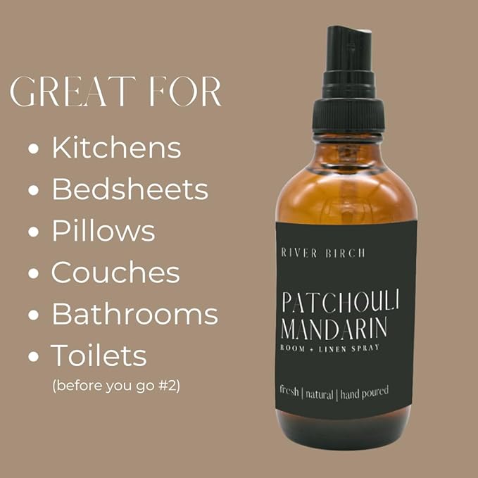 River Birch Patchouli Mandarin Scented Linen and Room Spray | Home Fragrance | 4 oz Glass Amber Bottle | Luxury Signature Scent | Handmade in Texas