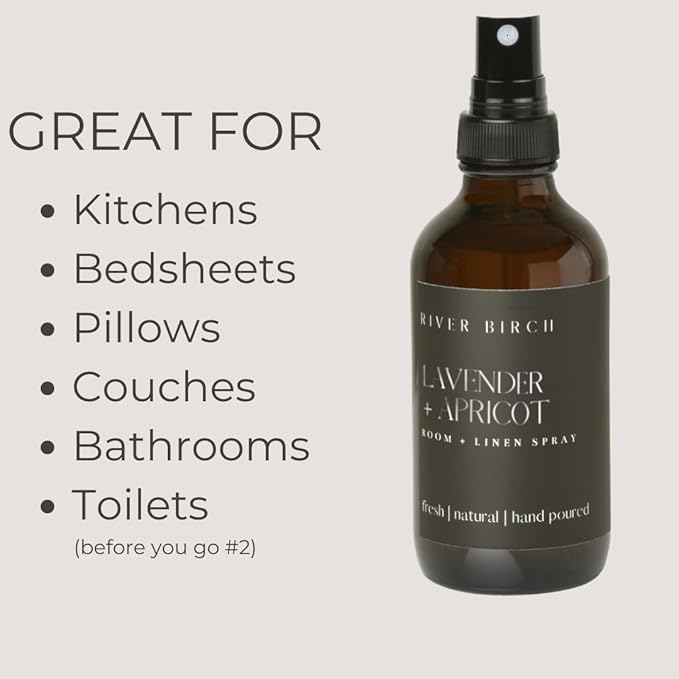 River Birch Lavender Apricot Scented Linen and Room Spray | Home Fragrance | 4 oz Glass Amber Bottle | Luxury Signature Scent | Handmade in Texas