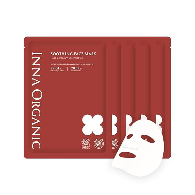 INNA ORGANIC Sheet Mask - After Sun & Self Love, EWG & COSMOS Certified (Pack of 5) | Rose Geranium Essential Oils Infused Skin Care | Luxury Clean Beauty