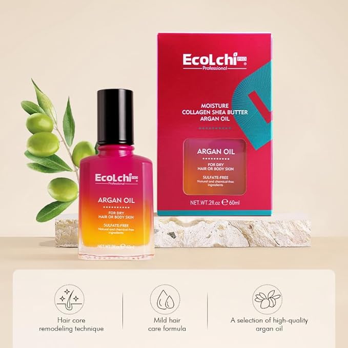 Ecolchi Argan Hair Oil Hair Serum Cold Pressed Weightless Vitamin E Argan Oil Hair Treatment for Dry Damaged Hair Body Skin 60ml