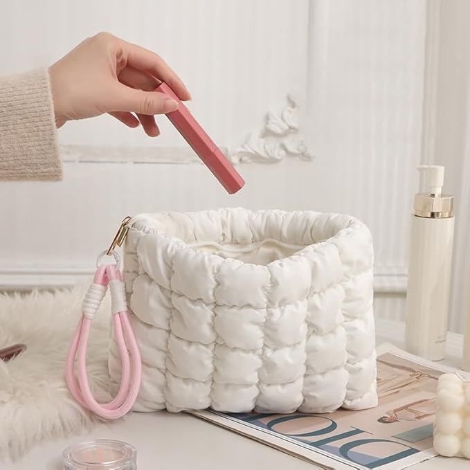 DOB SECHS Puffer Quilted Makeup Bag with Handle, Cute Puffy Cotton Cosmetic Bags for Women, Mini Checkered Toiletry Zipper Pouch, Travel Essentials Storage Organizer Clutch Pouches Pencil Case, Orange