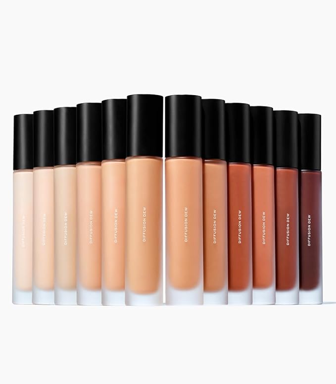 MAKE Beauty Diffusion Dew Skin Tint. Sheer to Medium Coverage Radiant Finish. Blurring, Smoothing, and Brightening for Glowing Complexion. Enhanced with Niacinamide and Adenosine. Espresso 20