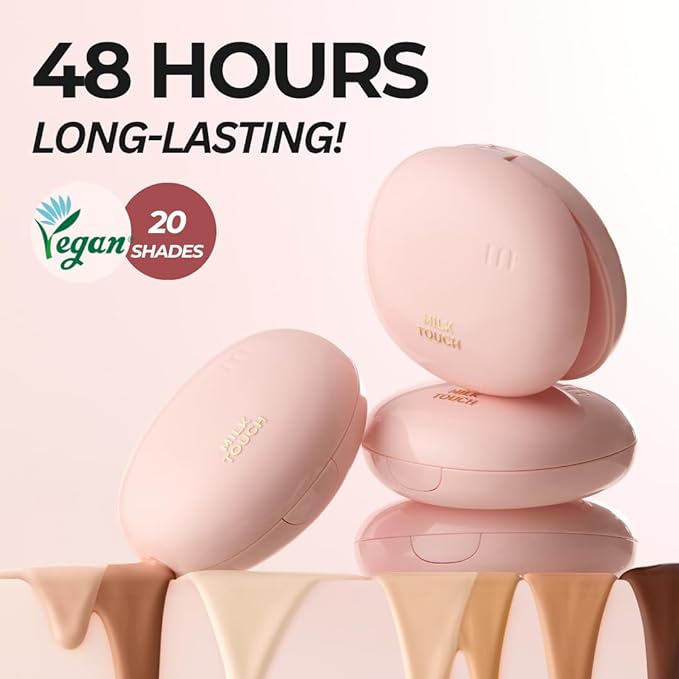 milktouch Cushion Foundation, 24H Flawless Skin, Radiant Shine, No Oxidation, Long-Lasting, Non-Creasing, 60% Hydrating Skincare Infused Korean, Stocking Stuffers, Christmas Gifts (21N Natural Beige)