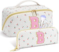 Personalized Travel Makeup Bag Set,Initial Travel Cute Cherry Makeup Organizer Bag,Toiletry Skincare Cosmetic Bag,Christmas Gifts for Women/Girls,Open Flat Toiletry Pouch with Brush Pocket-B