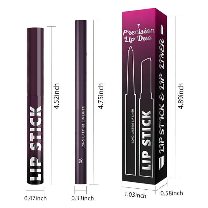 AMY'S DIARY 2Pcs Deep Purple Lipstick and Lip Liner Combo, Lip Liner and Lip Stick Kit for Women, Matte Lip Pencil and Smooth Hydrating Lipstick, Non-Stick Lip Makeup Set (08#Deep Plum Purple)
