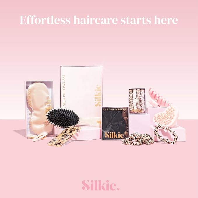 SILKIE x4 Set - Forget Satin - 100% Pure Mulberry Silk Black Brown Leopard Skinny Scrunchies Travel Pouch Everyday Hair Ties Elastics Hair Care Ponytail Holder No Damage (Savannah)