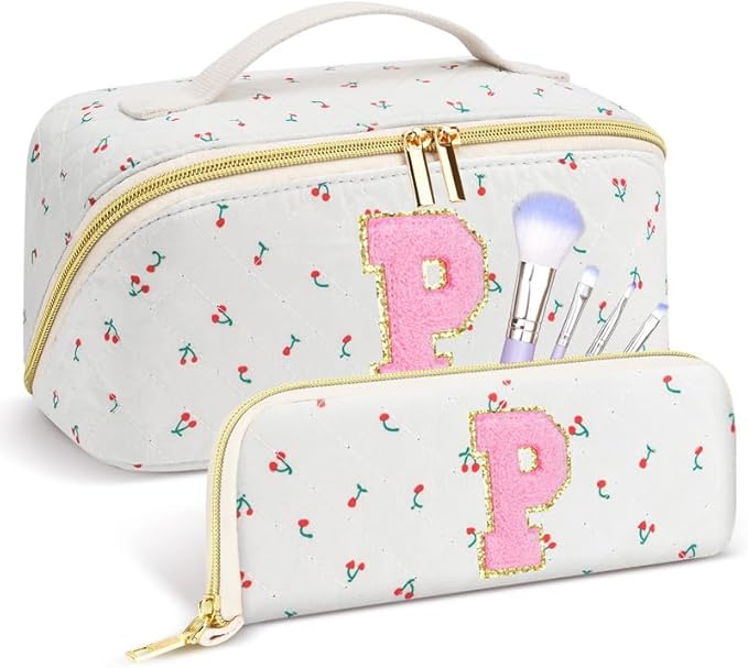 Personalized Travel Makeup Bag Set,Initial Travel Cute Cherry Makeup Organizer Bag,Toiletry Skincare Cosmetic Bag,Christmas Gifts for Women/Girls,Open Flat Toiletry Pouch with Brush Pocket-P