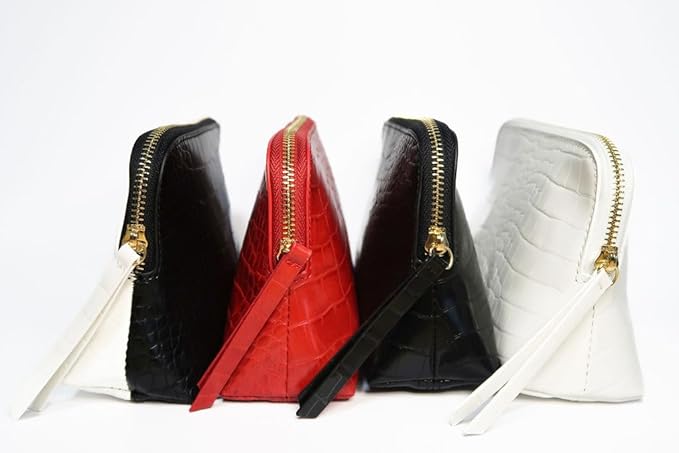 Snow Royale Crocodile Cosmetic Bag - Luxury White Vegan Leather Makeup Bag With Royal Blue Interior Lining