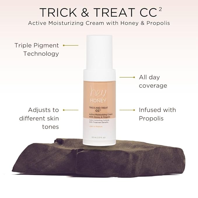 Hey Honey Trick and Treat CC² Cream SPF 46 | Active Moisturizing Color Correcting Cream with Honey & Propolis | Best Cover For Rosacea, Skin Redness & Mature Skin | Cruelty-Free | 1 oz (Deep Tan)
