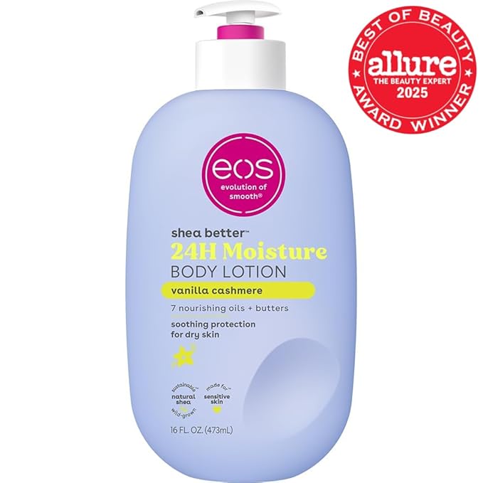 eos Shea Better Body Lotion Vanilla Cashmere, 24-Hour Moisture Skin Care, Lightweight & Non-Greasy, Natural Shea, Vegan, Vanilla Body Lotion, 16 fl oz