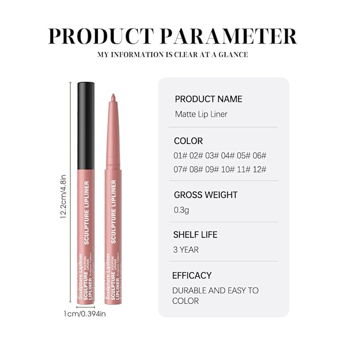 12 Colors Matte Lip Liner Pencil – Long Lasting Waterproof Lip Liner, Smudge Proof Transfer Proof Lip Pencil, High Pigment Lip Makeup for Defining & Filling Lips (07#, 1PCS)