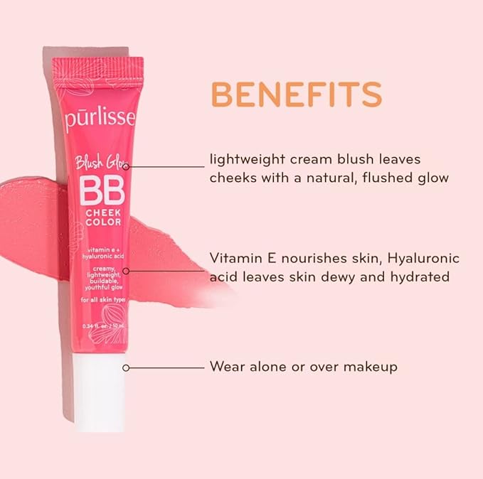 pürlisse Blush Glow BB Cheek Color - Dewy Liquid Blush for Cheeks - Enriched with Vitamin E & Hyaluronic Acid - Creamy, Lightweight & Buildable - Hydrating & Nourishing - Sweet Rose (0.34 Fl oz)