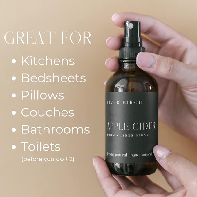 River Birch Apple Cider Scented Linen and Room Spray | Home Fragrance | 4 oz Glass Amber Bottle | Luxury Signature Scent | Handmade in Texas