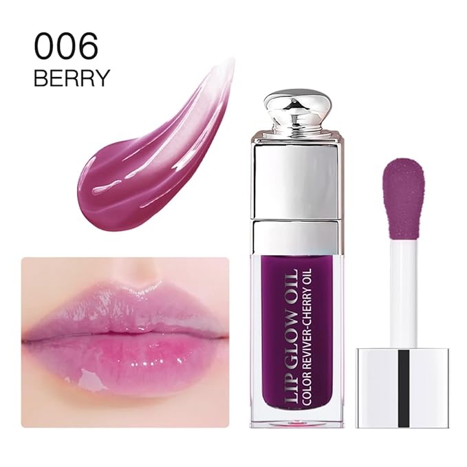 Hydrating Lip Glow Oil, Lip Oil Gloss Transparent Toot Tinted Nourishing Long Lasting Repairing Lightening Lip Lines (BERRY) 0.2 OZ