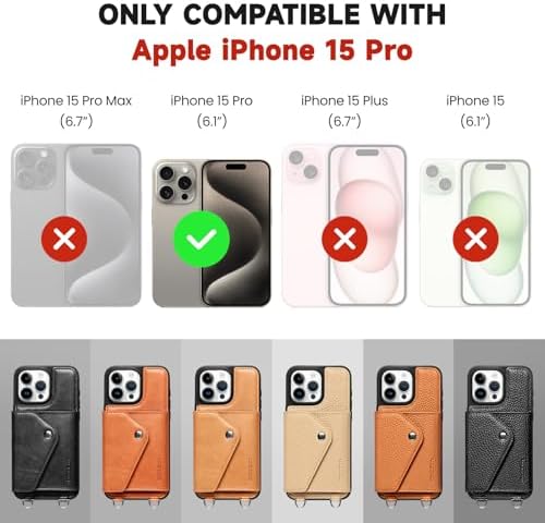 LUCKYCOIN Crossbody Wallet Phone Case for iPhone 15 Pro,100% Genuine Leather Wallet Phone Case with Expandable Flip Card Holder,Phone Purse for Women with Adjustable Removable Strap - Pebble Black