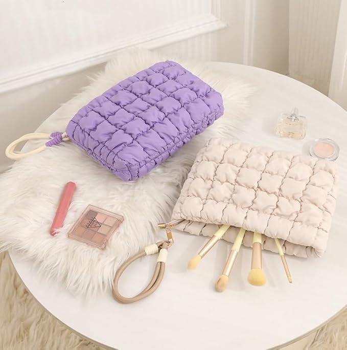 DOB SECHS Puffer Quilted Makeup Bag with Handle Detachable Cute Puffy Cotton Cosmetic Bag, Small Toiletry Zipper Make Up Pouch Purse, Checkered Clutch Bag, Travel Storage Organizer Case, Purple