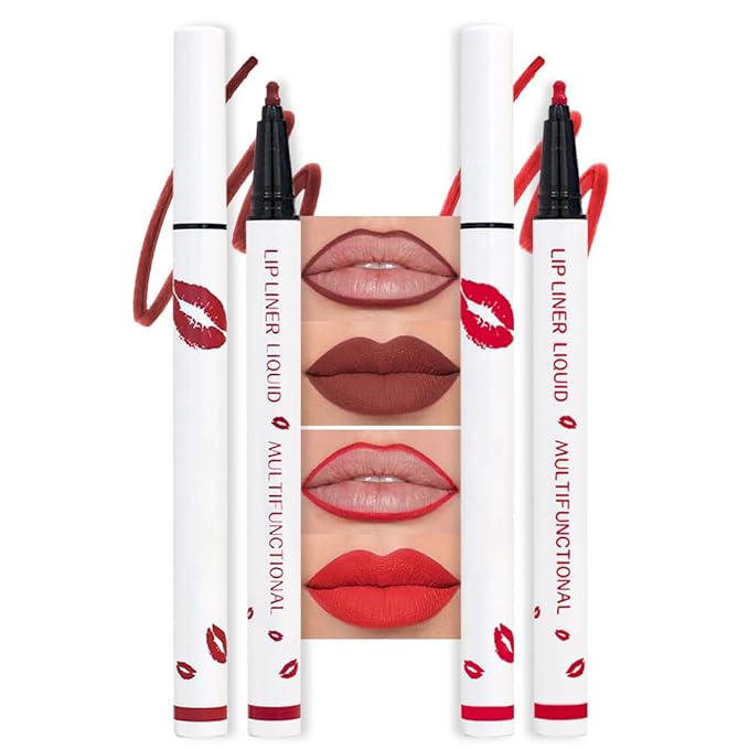 2Pcs Longwear Liquid Lip Liner Stain Marker Pen Set Long Lasting Waterproof, Dark Ruby Red Matte Semi Permanent 24 Hour Lip Liner and Lipstick Combo, Color Stay Lipliner All Day, Lips Stain peel off