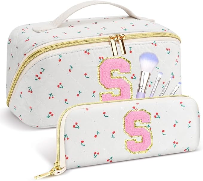 Personalized Travel Makeup Bag Set,Initial Travel Cute Cherry Makeup Organizer Bag,Toiletry Skincare Cosmetic Bag,Christmas Gifts for Women/Girls,Open Flat Toiletry Pouch with Brush Pocket-S