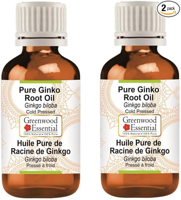 Greenwood Essential Pure Ginko Root Oil (Ginkgo biloba) with Two Glass Droppers Cold Pressed (Pack of Two) 10ml X 2 (0.66 oz)