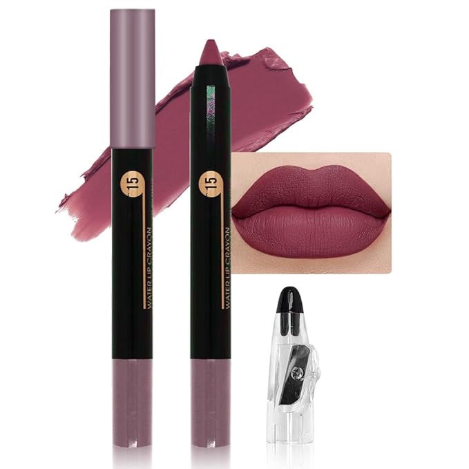 Purple Brown Crayon Matte Lipstick Lip Liner Pencil, Moisture Smooth Lipstick Pencil, With pencil sharpener Sharpenable Lip Pencil, Ultimate Lip Crayon for Women Smudgeproof Waterproof 15#