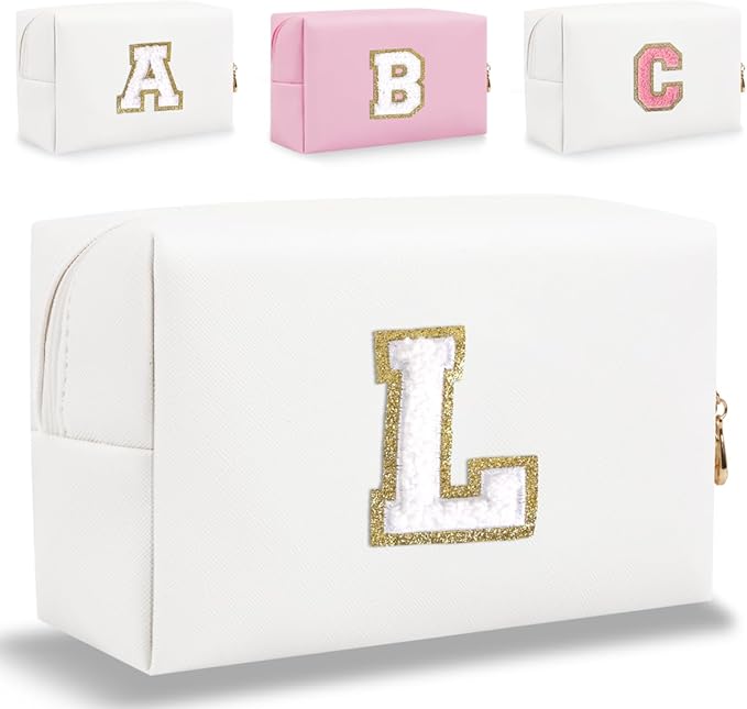 Small Personalized Letter Makeup Bag, Cute PU Leather Chenille Letters Cosmetic Bag Travel Makeup Pouch, Preppy Travel Organizer Zipper Pouch for Women&Girls（White-L）