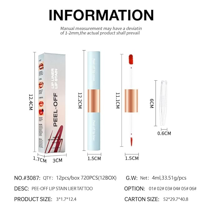 Matte Lip Stain Peel Off Lip Gloss& Lip Liner 2-in-1: One end defines lips with precision liner, the other peels off to reveal long-lasting, waterproof, smudge-proof, transfer-proof matte color.6#