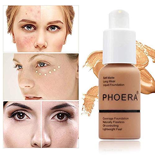 PHOERA Foundation,Flawless Soft Matte Oil Control Best Cover up Full Coverage Liquid Foundation .(107# Hone)