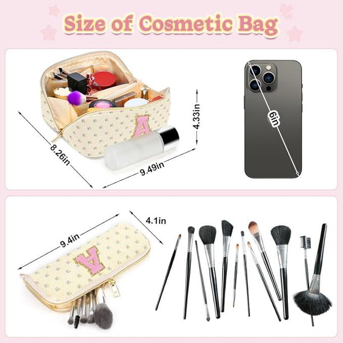 Personalized Travel Makeup Bag Set,Initial Travel Cute Floral Makeup Organizer Bag,Toiletry Skincare Cosmetic Bag,Christmas Gifts for Women/Girls,Open Flat Toiletry Pouch with Brush Pocket-M