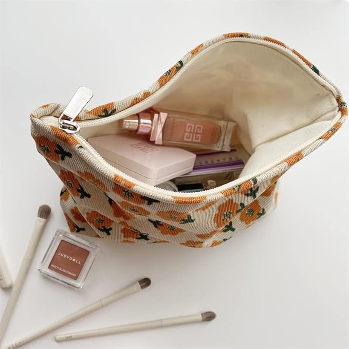 PAZIMIIK Makeup Bag Large Zipper Corduroy Make Up Pouch for Purse Travel Canvas Cosmetic Organizer for Women Brush Storage,Flower Yellow