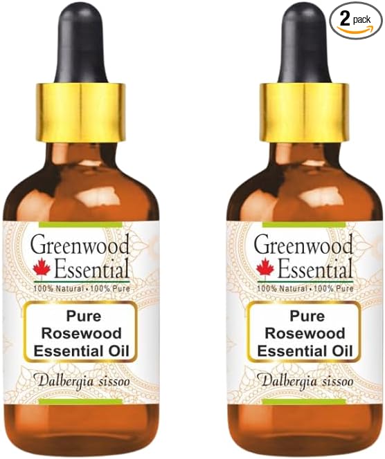 Greenwood Essential Pure Rosewood Essential Oil (Dalbergia Sissoo) with Two Glass Droppers Steam Distilled (Pack of Two) 30ml X 2 (2 oz)