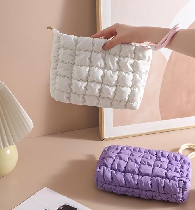 DOB SECHS Puffer Quilted Makeup Bag with Handle Detachable Cute Puffy Cotton Cosmetic Bag for Women, Small Toiletry Zipper Make Up Pouch, Checkered Quilt Clutch Bag Travel Storage Pouches Case, White