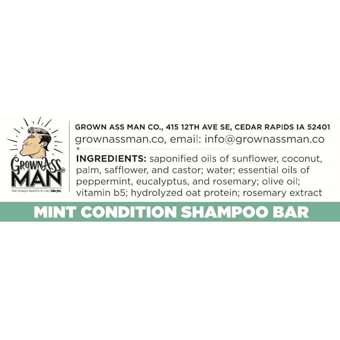Grown Ass Man Co. - Solid Shampoo Bar Rich Lather 3 in 1: Hair, Beard & Body Wash - Plastic Free & Eco-Friendly, Natural & Organic Clean for All Hair Types, 4oz Bar (Mint Condition, Single)
