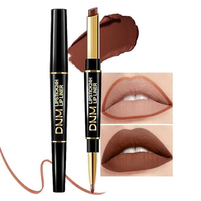 evpct 1Pcs Dark Deep Brown Matte Lip Liner and Lipstick Combo Set Kit for Women, Magic Neutral Lipsticks 24 Hours Original Lipstick and Lips Liner Pencil Stain Gloss Makeup Long Lasting Waterproof